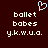 Dark red background with light blue heart symbol above white pixelated text reading 'ballet babes y.k.w.u.o.' in two identical