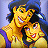 Two pixelated figures with golden skin embrace, one wearing a blue headpiece and purple garment against a light blue background.