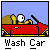 Pixel art animation of a red car with two cartoon characters, showing sequential speech bubbles and text changes.