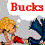 Pixelated cartoon icon featuring a blonde girl in red dress holding blue umbrella with "Bucks" text above, on checkered background.