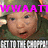 Pixelated image of a child in military-style helmet and green uniform with pink text overlay and pixelated bottom border.
