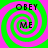 Four identical spiral patterns with alternating green and pink rings, each containing the text "OBEY ME" in black pixelated letters.
