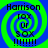 Four identical display a blue and green spiral background with black text reading 'Harrison', 'fox or sox', and multiple exclamation marks