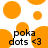 Static image of orange circular shapes with text 'poka dots <3' repeated twice on a white background.
