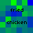 Pixelated of green and blue squares with repeated text 'fried chicken' in black pixel font, arranged in two across four