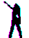 Silhouette figures in various poses with cyan and magenta chromatic aberration on gray background, appearing as animated sequence.