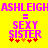 Yellow background with pink text reading ASHLEIGH, SEXY SISTER and red/orange symbols below.