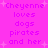 Pixelated text on a bright pink background with white starbursts, repeating 'Cheyenne loves dogs pirates and her' in two