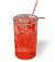 A static pixelated image of a tall glass filled with red liquid, ice cubes, and a straw against a white background.