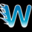 Blue stylized letter W with gradient shading and pixelated edges on a black background.