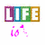 A pixel displays four distinct sections: top-left 'LIFE' text, top-right pink text with stars, bottom-left frog image, and bottom-right soccer ball. The icon uses bright colors like purple, green, yellow, and pink on a white background