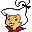 Pixelated cartoon character with white hair, yellow face, red collar, and black outline on gray background.