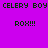 Pixelated text 'CELEBRY BOY' and 'ROX!!!' displayed on four colored backgrounds in a
