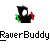Animated contact sheet of a pixelated character holding green and red objects with repeated text "RaverBuddy" below each frame.
