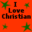 Red background with green star shapes and repeated black text "I Love Christian" in pixelated font.