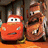 Two cartoon cars with anthropomorphic faces on a red background, one orange and one brown, next to pixelated text.