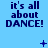 Blue background with repeated text "it's all about DANCE!" in dark blue pixelated font, featuring small animated symbols above the text.