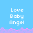Pixelated text 'Love Baby Angel' repeated across a light blue background with pink and purple wave-like borders.