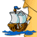 Animated pixel art of a wooden sailing ship with two masts, white sails, and a blue flag, floating on blue water against a beige background.