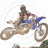 Pixelated image of a person riding a motorcycle with blue accents, set against a white background.
