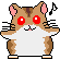 Pixel art hamster with red eyes and pink ears, standing on a gray background with musical notes above its head.