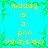 A static pixel art image with a bright cyan background and green border, displaying yellow text arranged in a pattern