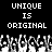 Black background with white pixelated text reading 'UNIQUE IS ORIGINAL' repeated twice, below which is a horizontal of grayscale pixelated figures