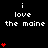 Pixel art animation showing 'i love the maine' text with red hearts that increase in number across frames on a black background.