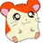 Pixelated hamster character with orange fur on head and back, pink inner ears, large black eyes, small nose, and light beige body against gray background.