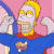 Pixelated cartoon character with yellow hair and blue shirt, holding a small white animal against pink background.