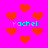 Pixelated red hearts float on a bright pink background with cyan text reading 'rachel' in four locations.