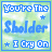 Animated contact sheet of 21 frames showing a blue and green pixelated buddy icon with changing text phrases over a cloud-like background, arranged in a 5x5 grid with one frame missing at bottom-right.
