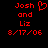 Red pixelated text on black background reads 'Josh and Liz 8/17/06' with a heart symbol replacing the 'o' in 'Josh' on one side.