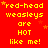 Red background with yellow pixelated text repeating 'red-head weasleys are HOT like me!' and small orange stars scattered throughout.