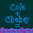 Pixelated text 'Cole + Chekey' in blue on dark teal background with pink and blue pixelated border, two of identical text with partial gray overlay on right side