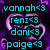 Static image of multiple names in cyan and green text with heart symbols on a purple background, featuring a gray rectangle in the bottom right.