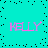 Cyan background with scattered black pixels and four instances of the word KELLY in pink pixelated text arranged in a