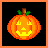 Pixel art pumpkin icon with smiling face and green stem on black background, shown in three animated frames with varying orange particle effects.