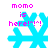Pixelated blue snowflake with pink text 'momo is here!^_^!' above it on white background, four variations of snowflake shape and text alignment visible.