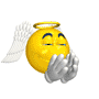 Yellow spherical figure with blue eyes, black eyebrows, white wings, and golden halo making hand gestures in a of four and four