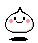Pixel art character with white rounded body, pink cheeks, black eyes and mouth in various expressions, some with floating flowers or hearts.