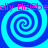 Four identical blue spiral patterns arranged in a on a cyan background with repeated pink text overlay