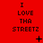 Red background with repeated text "I LOVE THA STREETZ" in black pixelated font, each instance accompanied by a small animated symbol.