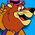 A pixelated cartoon dog mascot wearing a pink hat and purple shirt, next to green text reading "Original Icons .com" on a dark background.
