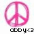 A pink peace symbol icon with pixelated edges and a white background, featuring black pixelated text 'obby<3' below it.