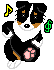 Pixelated dog avatar with black, white, and brown fur stands against gray background holding pink paw print while musical notes change position.