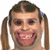 Pixelated close-up of a person with light skin, dark brown hair in two braids, and a wide open mouth showing teeth.