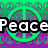 Pixelated icon with green peace symbol, purple and green background patterns, white text "Peace" over black outline.