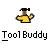 Pixelated static icon of a yellow figure with brown arms and black hammer, below which is the text "ToolBuddy" in pixelated font on gray background.