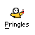 Pixelated character in yellow shirt holds red-and-white striped object with yellow top, under text "Pringles" on gray background.
